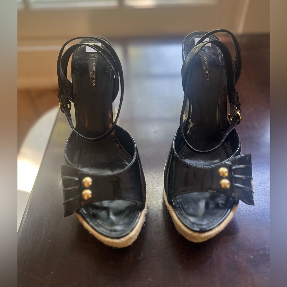 Louis Vuitton black sling back sandal wedge heels size 39 bow